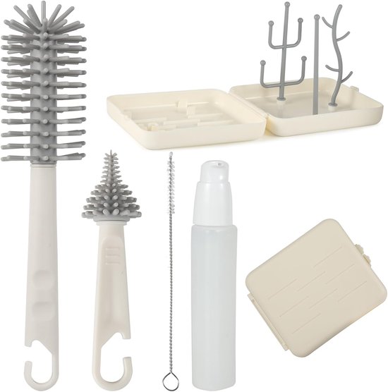 SnelShoppen - Flessenborstel Set 7-in-1 - Reinigingsset met 3D Speenborstel, Opbergdoos, Zeepdispenser, Geschikt voor Babyflessen, Drinkflessen, Tuite