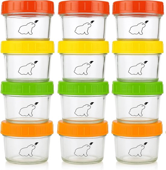 SnelShoppen - Glass Baby Food Storage Containers 120ml - Set van 12 - Vaatwasser, Vries & Magnetron Bestendig - BPA Vrij - Herbruikbare Flesjes voor B