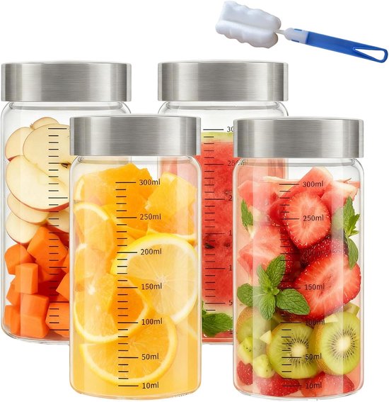 SnelShoppen - Glazen flessen met roestvrijstalen deksel, herbruikbare smoothiebeker met maatschaal, glazen sapflessen voor sappen, smoothies en melk (