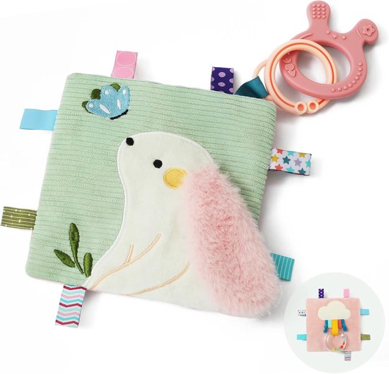 SnelShoppen - Hase Sensorisch Knuffeldoek met Vlaggetjes en Knetterdoek, Kinderwagenspeelgoed, Zacht Pluche, Siliconen Bijtring, Babycadeau voor Geboo