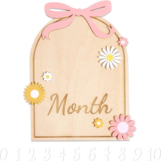 SnelShoppen - Houten Baby Mijlpalen Kaart met Strik en Bloem - 12 Stuks Leuke Maandelijkse Groei Aankondigingsschijven voor Babyfotografie - 20x16cm -