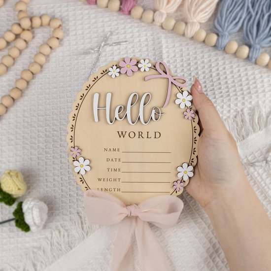 SnelShoppen - Houten Baby Plate met Stand en Roze Strik - Geboorte Aankondiging Bord voor Baby Photoshoot en Baby Shower - Houten Herinneringsbord