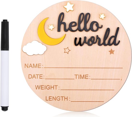 SnelShoppen - Houten Hello World Newborn Bord - Schattige Geboorte Aankondigings Plaat voor Baby's - Naamplaat voor Jongens en Meisjes - Baby Shower F