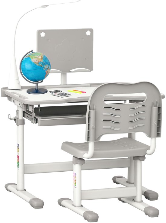 SnelShoppen - Kinderstoel en Bureau Set met LED Lamp, Hoogte Verstelbaar, Tafel en Stoel voor Kinderen, Schuin Dienblad, Leesstandaard, Pennendoos, La