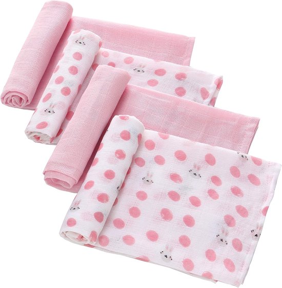 SnelShoppen - LAT Mousselinedoeken Baby's 70x70 cm - 4 Stuks Luiers Spuugdoeken 100% Katoen Zacht Ademend Voor Pasgeborenen Jongens Meisjes Roze Konij