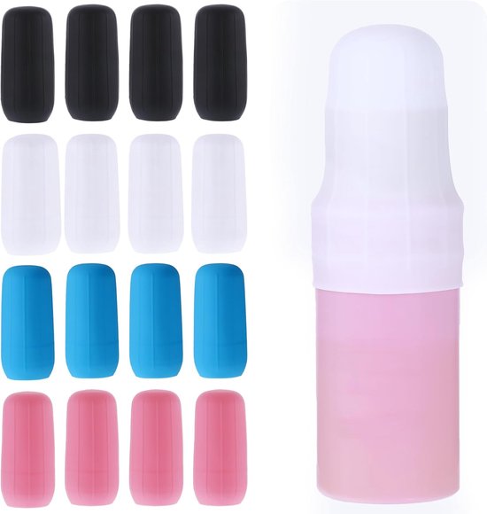 SnelShoppen - Leakproof Travel Container Covers Pack van 16 - Silicone Bottle Covers - Elastisch, Herbruikbaar, Wit, Blauw, Roze, Zwart - Ideaal voor