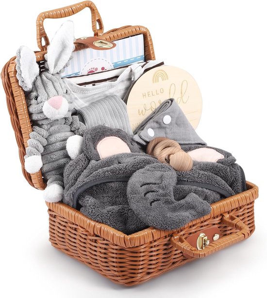 SnelShoppen - Luiertaart Baby Cadeauset Neutraal - 9-delige Pasgeborenen Set met Grijs Pluche Konijn, Houten Rammelaar, Babydekens, Sjaal, Speelgoed,