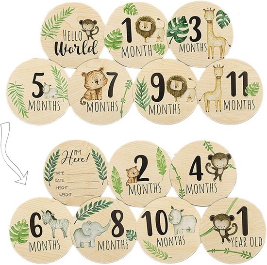 SnelShoppen - Milestone Cards Baby Wood - 7 Dubbelzijdige Houten Mijlpalen Kaarten voor Baby's - 10cm Diameter - Ideaal voor Nieuwe Ouders - Dieren Mo van Snelshoppen