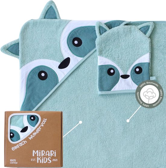 SnelShoppen - MIRARI Kids Capuchonhanddoek voor baby's 100x100 cm met washandje, biologische katoen, zachte badhanddoek met wasbeermotief voor pasgebo