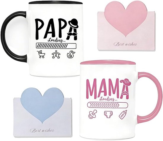SnelShoppen - Mokkenset voor Mama en Papa met 2 Wenskaarten - 350 ml Keramische Mok voor Aanstaande Ouders - Cadeau voor Zwangerschap, Babyshower, Val