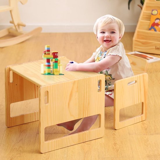 SnelShoppen - Montessori Tafel en Stoel Set voor Peuters 1-3 Jaar, Hoogte Verstelbaar, Ideaal voor Lezen/Eten/Spelen, Eenvoudig te Monteren, Natuurlij