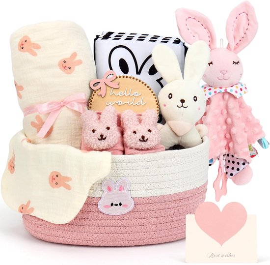 SnelShoppen - Newborn Gift Set voor Meisjes, Sensory Boek, Babydeken, Wikkel Sokken, Rammelaar, Slabbetje, Mijlpaalkaarten, Geboorte Geschenk, Baby Sh