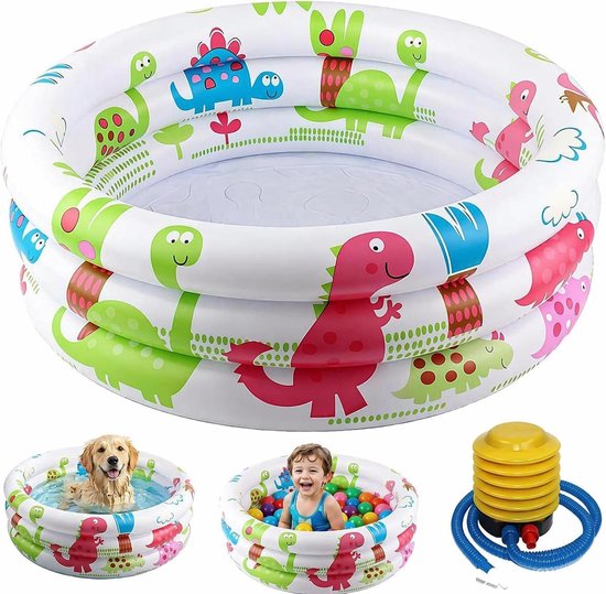 SnelShoppen - Opblaasbaar Kinderbadje Dinosaurus 90 cm met Voetluchtpomp - Ideaal voor Tuin, Camping en Feestjes - Perfect voor Kinderen