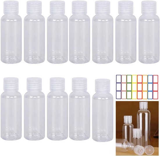 SnelShoppen - Pack van 12 Travel Bottles 100ml - Transparante Plastic Flessen voor Shampoo, Crème, Lotion - Inclusief Zelfklevende Labels - Perfect vo