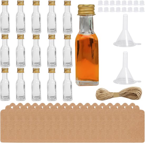 SnelShoppen - Pack van 16 Mini Gin Flessen 20ml - Herbruikbare Plastic Drankflessen met Gele Doppen, 2 Trechters, Jute Touw en Labels - Perfect voor F