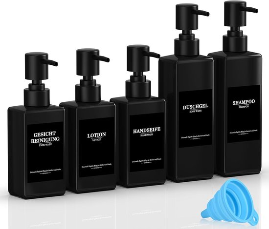 SnelShoppen - Pack van 5 Herbruikbare Shampoo Dispensers, Flessen voor Vullen, 3 x 300 ml + 2 x 500 ml Zwarte Navulflessen met Pompdispenser, Labels e