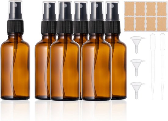 SnelShoppen - Pack van 6 Lege Sprayflessen 50 ml - Bruine Glazen Sprayflessen voor Essentiële Olie, Parfum, DIY Schoonmaak, met Pipetten, Trechters en