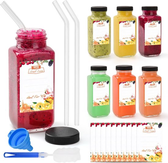 SnelShoppen - Pack van 6 Smoothie Flessen - Glazen Drinkflessen met Rietjes, 8oz Mini Flessen voor Sap, Smoothie en Melk - Ideaal voor School, Buiten