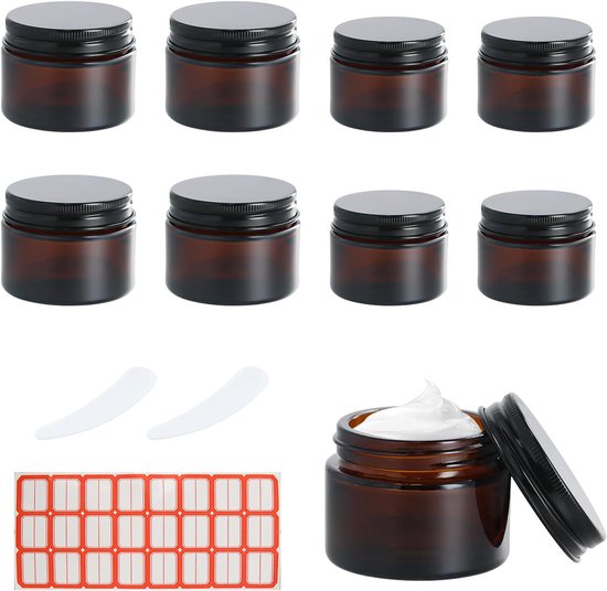 SnelShoppen - Pack van 8 Amber Glazen, 20 ml, 30 ml, 50 ml, Reisbureau Cosmetica Potjes met Deksel, 2 Lepels en Lijm, Lege Crème Potjes, Poederlotions