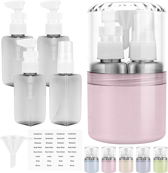 SnelShoppen - Refillable Travel Dispenser 4-in-1 Set - 4 x 50 ml Herbruikbare Flessen in Harde Opbergcase (3 Pompen + 1 Spray) - Lekvrije Shampoo Cont