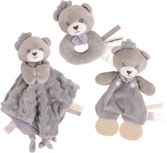SnelShoppen - Set Knuffeldoekje, Rammelaar en Bijtring - Zachte Beer in Verschillende Kleuren - Troostend voor Baby's - Geboorte Cadeau - Wasbaar - 29