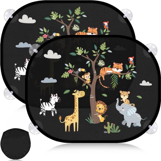 SnelShoppen - Set van 2 zonweringen voor auto baby met UV-bescherming, 44 x 36,5 cm autoruit zonneklep voor kinderen met 8 zuignappen en schattige bos