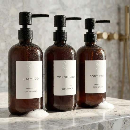 SnelShoppen - Set van 3 Stijlvolle Shampoo, Conditioner en Douchezeep Dispensers 600ml - Moderne PET-flessen met Pomp en Etiketten - Elegant en Gemakk