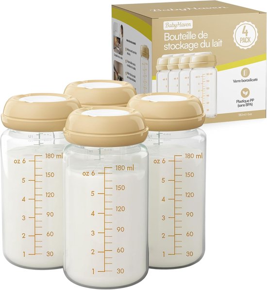 SnelShoppen - Set van 4 Glazen Flessen 180 ml voor Borstvoeding – BPA Vrij – Compatibel met 99% Flessen Tepels – Geschikt voor Vaatwasser, Koelkast, V