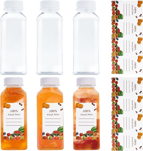 SnelShoppen - Set van 6 Herbruikbare 350 ml Plastic Juice Flessen met Doppen en Stickers - Heldere PET Flessen voor Koelkast, Melk en Diverse Dranken