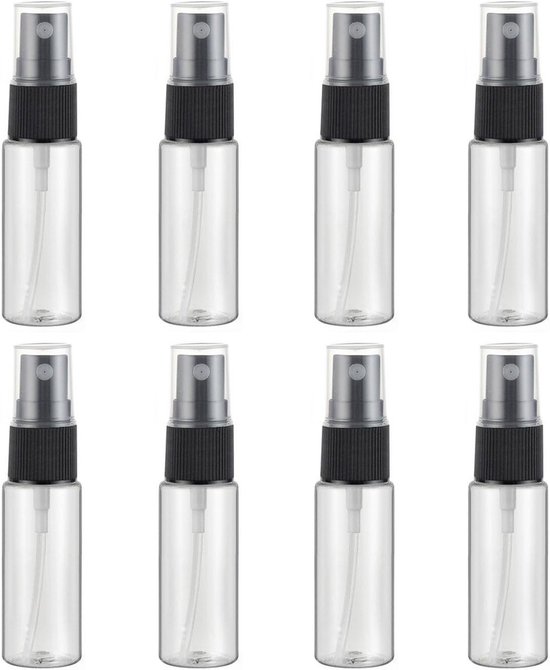 SnelShoppen - Set van 8 Transparante 20ml Sprayflessen - Lege Atomizer Flesjes van Duurzaam Kunststof voor Reis, Zakelijk Gebruik, Skin Care en Meer