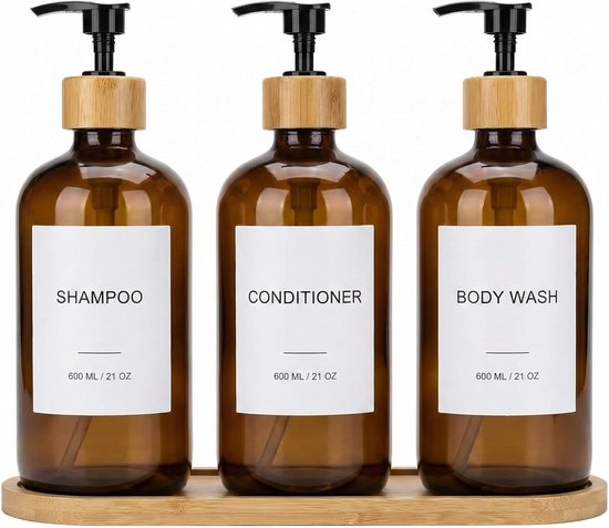 SnelShoppen - Shampoo- en Conditionerdispenser Set van 3 - 600 ml Navulbare PET Doucheflessen met Bamboe-Kunststof Pomp en Bamboedienblad - Inclusief