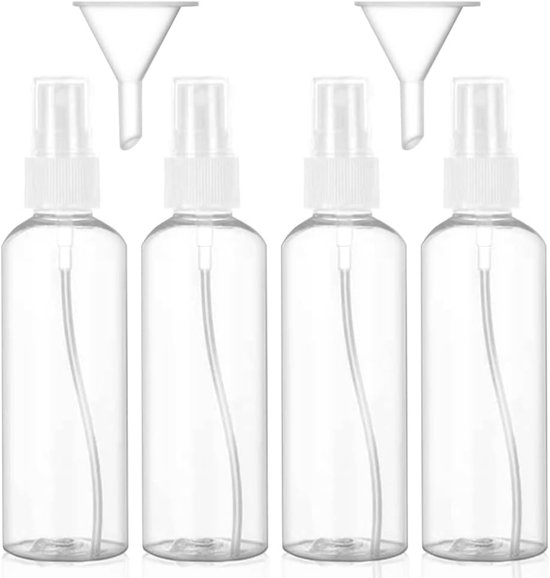SnelShoppen - Sprayfles Set - 4 x 100 ml Transparante Plastic Sprayflessen - Fijne Mistverstuiver voor Parfum, Olie en Huidverzorging - Inclusief 2 Tr