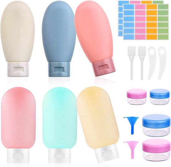 SnelShoppen - Travel Bottle Set van 20 Lekvrije Silicone Reiscontainers, 60ml Mini Flessen voor Toiletten, Shampoo, Conditioner en Lotion, BPA Vrij, R