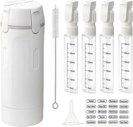 SnelShoppen - Travel Dispenser Bottle 4 in 1, Refillable Shampoo Conditioner Flessen, Compact en Ruimtebesparend voor Vakantie en Zakenreis, Wit