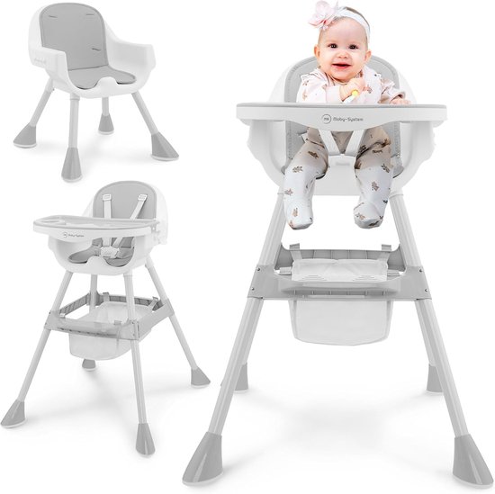 SnelShoppen - Verstelbare Kinderstoel 2in1 Magnolia met Tray en Kunstlederen Inleg - Grijs, vanaf 6 maanden, Hoog en Laag, Perfect voor Eten en Spelen