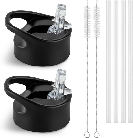 SnelShoppen - Vervangende Deksel voor RVS Drinkflessen Ø57mm - Inclusief Rietjes en Schoonmaakborstel - Geschikt voor 500ml tot 1000ml - Perfect voor