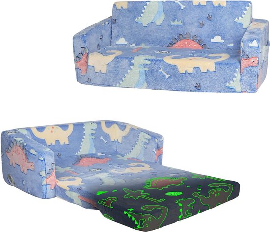 SnelShoppen - Vouwbare 2-in-1 Sofa voor Kinderen, Te Transformeren tot Ledikant, Stabiele Stoel met Fluorescerend Dinosaurus Design voor Speelkamer, S