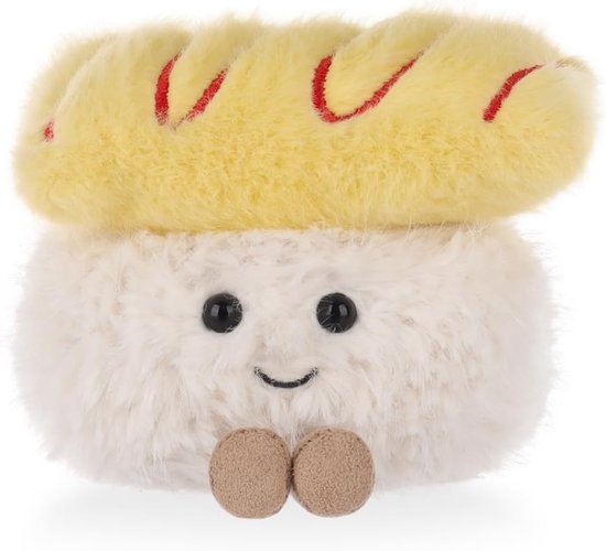 SnelShoppen - Zachte Apricot Tamago Yaki Sushi Knuffel 9 cm - Pluizige Gele Sushi Knuffeldier voor Kinderen, Baby's en Peuters - Ideaal Speelgoed voor