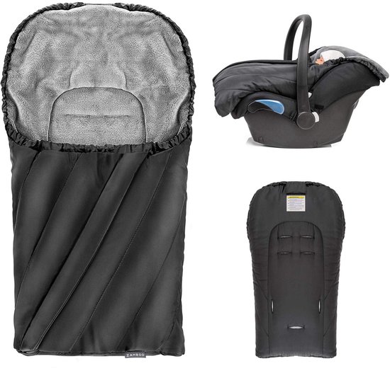 SnelShoppen - Zamboo Deluxe Voetenzak voor Autostoeltje - Baby Voetenzak van Teddy Fleece met Gordelopeningen, Capuchon en Draagtas - Zwart/Grijs (Bas