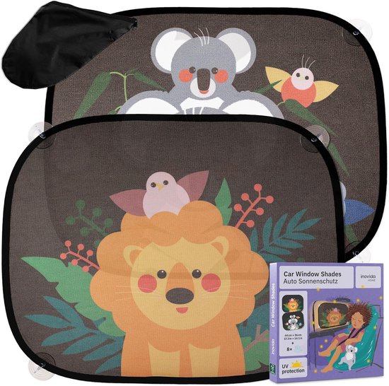 SnelShoppen - Zonnescherm voor Kinderen met UV-bescherming - 2x Autoruit Zonwering met Schattige Diermotieven - 44x36 cm met Zuignappen en Transportta