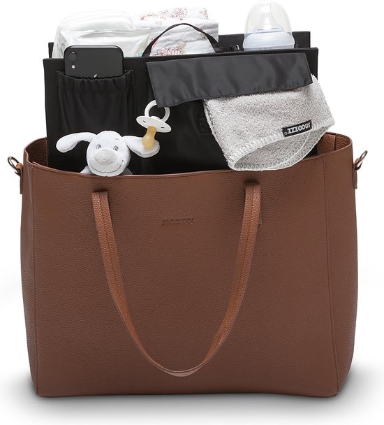 Snoozzz Luiertas luxe verzorgingstas – inclusief uitneembare tas organizer met thermovak, stroller hooks en verschoningsmatje - Cognac van SNOO