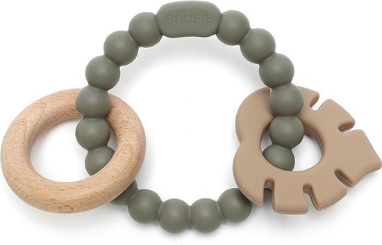 Snufie Blad Rammelaar Bijtring - Hout & Siliconen - Baby Speelgoed - Kraamcadeau - Babyshower Cadeau - BPA-vrij - Vanaf 3 maanden - Sage & Khaki
