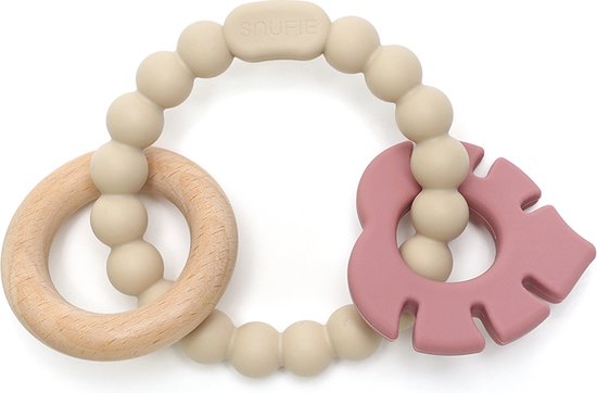 Snufie Blad Rammelaar Bijtring – Hout & Siliconen – Baby Speelgoed – Kraamcadeau – Babyshower Cadeau – BPA-vrij – Vanaf 3 maanden – Zand & Rose
