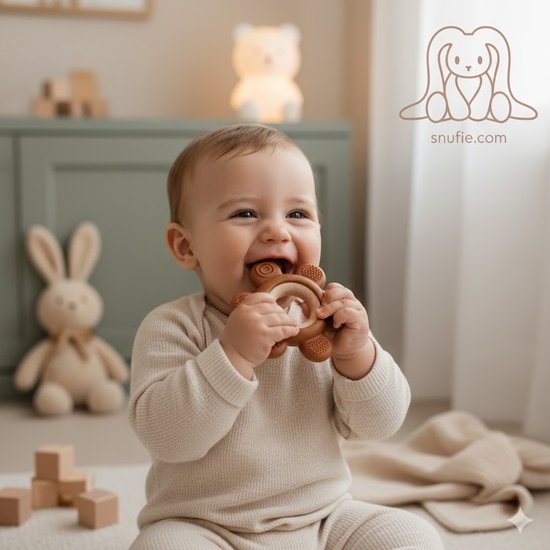 Snufie Bloem Bijtring – Hout & Siliconen – Baby Speelgoed – Kraamcadeau – Babyshower Cadeau – BPA-vrij – Vanaf 3 maanden – Roest