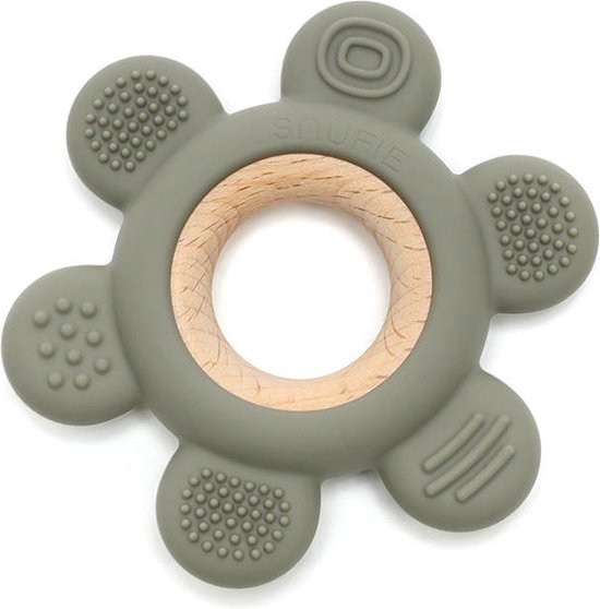 Snufie Bloem Bijtring – Hout & Siliconen – Baby Speelgoed – Kraamcadeau – Babyshower Cadeau – BPA-vrij – Vanaf 3 maanden – Sage Groen