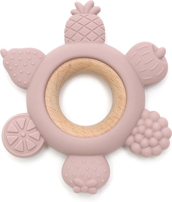 Snufie Fruit Punch Bijtring – Hout & Siliconen – Baby Speelgoed – Kraamcadeau – Babyshower Cadeau – BPA-vrij – Vanaf 3 maanden – Blush
