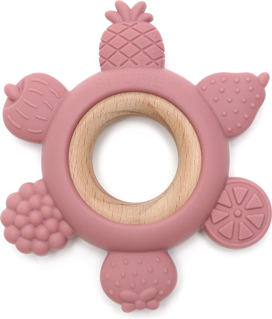 Snufie Fruit Punch Bijtring – Hout & Siliconen – Baby Speelgoed – Kraamcadeau – Babyshower Cadeau – BPA-vrij – Vanaf 3 maanden – Rose