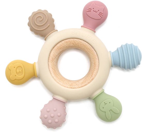 Snufie Fusion Bijtring – Hout & Siliconen – Baby Speelgoed – Kraamcadeau – Babyshower Cadeau – BPA-vrij – Vanaf 3 maanden – Sand