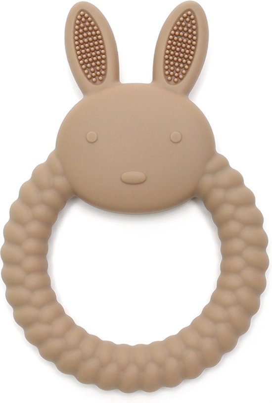 Snufie Konijn Bijtring – 100% Siliconen – Baby Speelgoed – Kraamcadeau – Babyshower Cadeau – BPA-vrij – Vanaf 3 maanden – Khaki