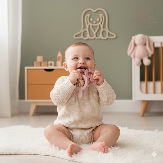 Snufie Konijn Rammelaar Bijtring – Hout & Siliconen – Baby Speelgoed – Kraamcadeau – Babyshower Cadeau – BPA-vrij – Vanaf 3 maanden – Blush & Rose